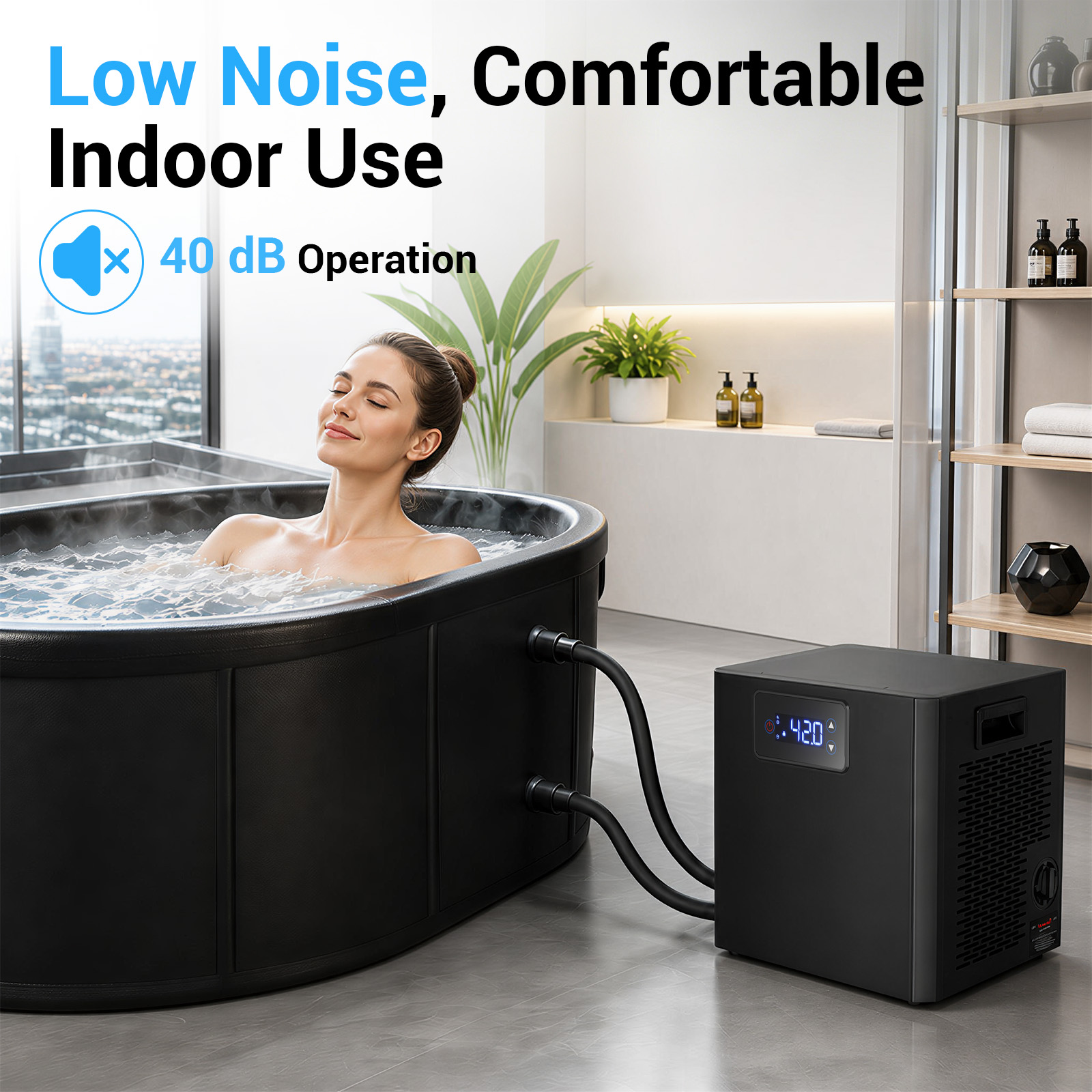 Water Bath Laboratory - オーバル型アイスバスチラー＆コールドプランジタブキット、1/3HP冷温水浴槽用チラー（内蔵ポンプ＆フィルター付き）、改良型XXL 148ガロンアイスポッド、冷水療法リカバリー用ウォーターチラー付きコールドプランジタブ